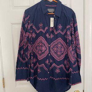 Anthropologie Navy and pink button up in size Medium
